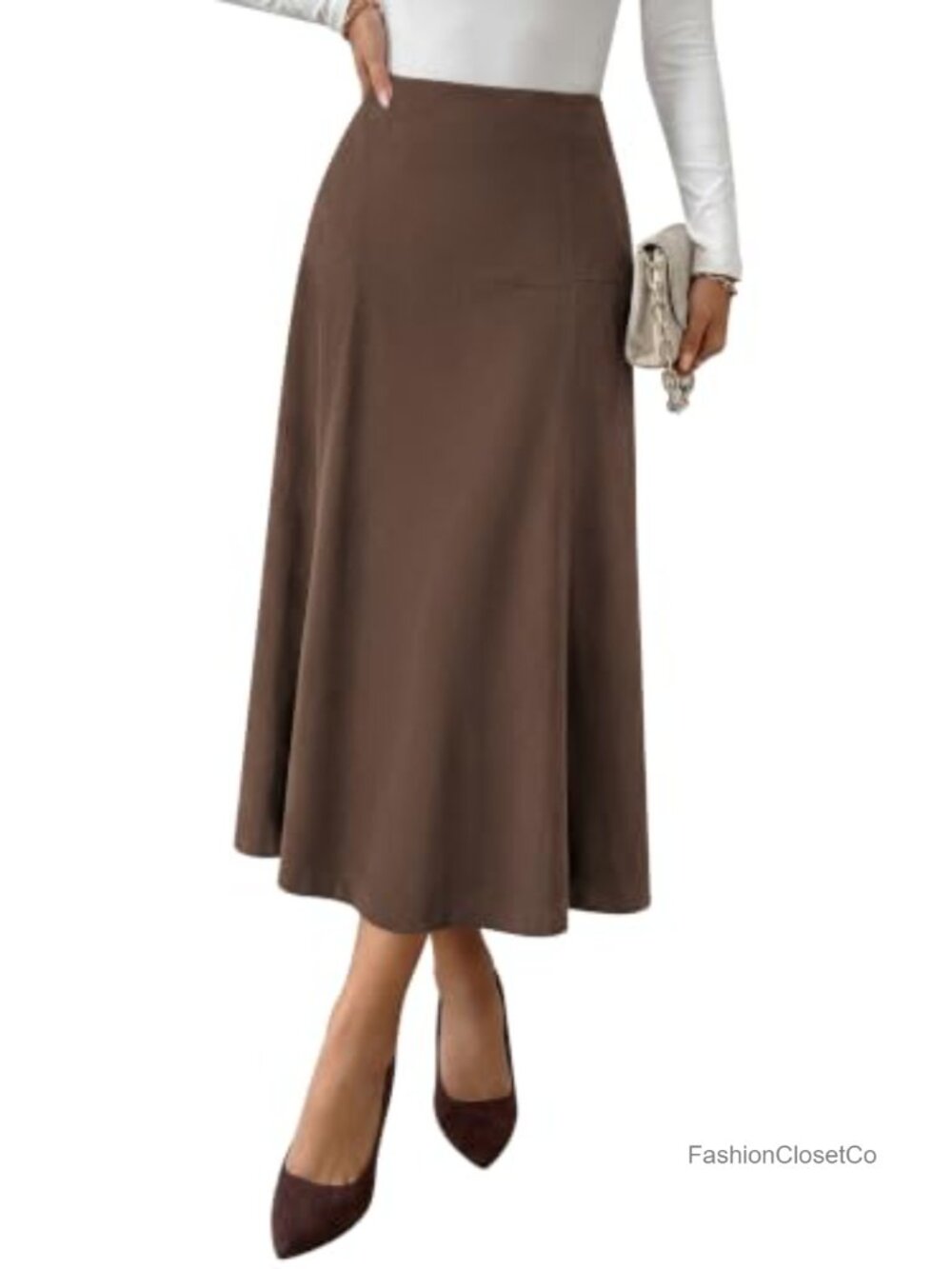 Faux Suede High Waist A-Line Midi Skirt Pull On Fall Winter